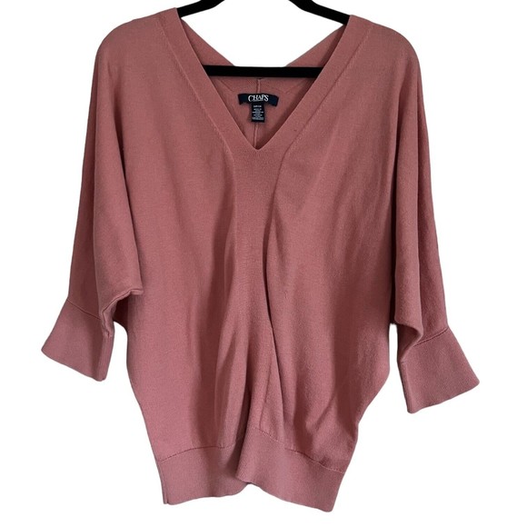 Chaps 3/4 Sleeve Dolman Sweater Salmon Pink Size Small S V-Neck Modal Cotton - Picture 3 of 11